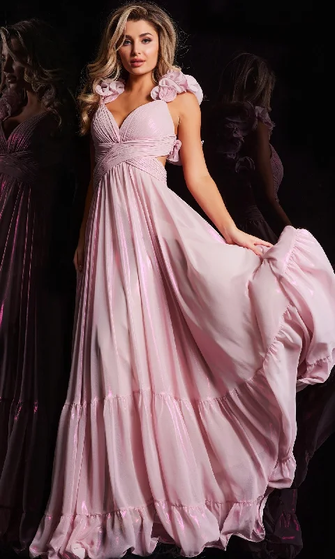 Jovani Ruffle-Strap Long Metallic Prom Dress 26248