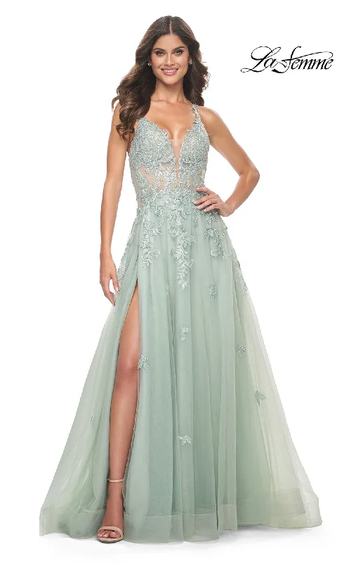 Sheer-Waist Long A-Line Prom Dress: La Femme 32438