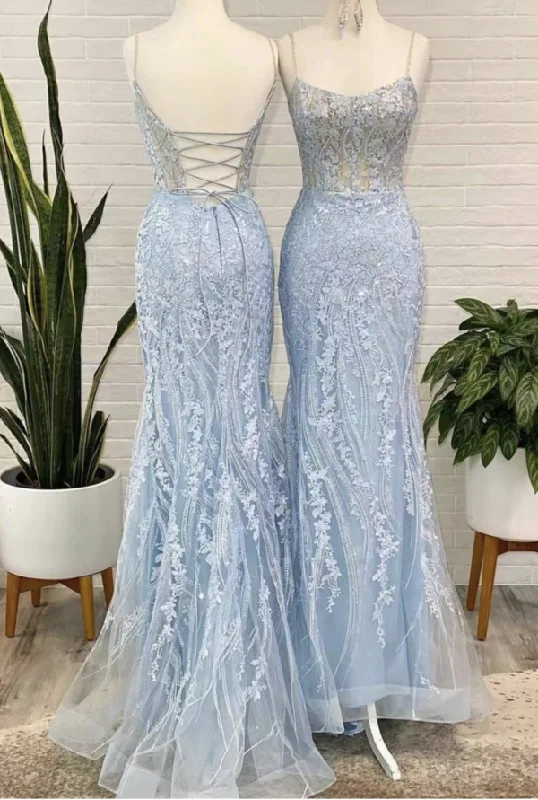 Elegant Sky Blue Prom Dresses with Appliques Lace Y1716