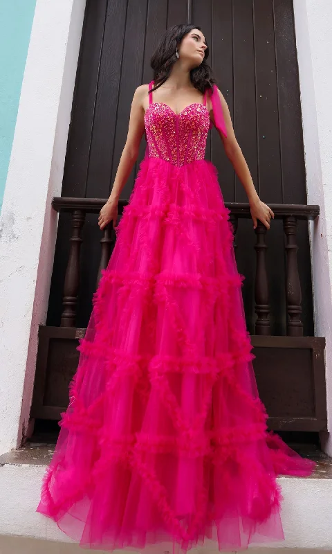 Shoulder-Bows Long Ruffled Prom Gown T1340