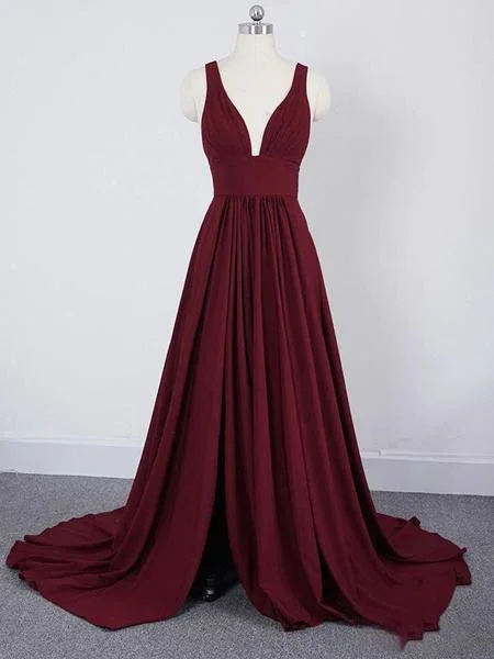 Burgundy A Line Deep V Neck Cheap Bridesmaid Dresses For Wedding,Long Prom Dress  Y1565