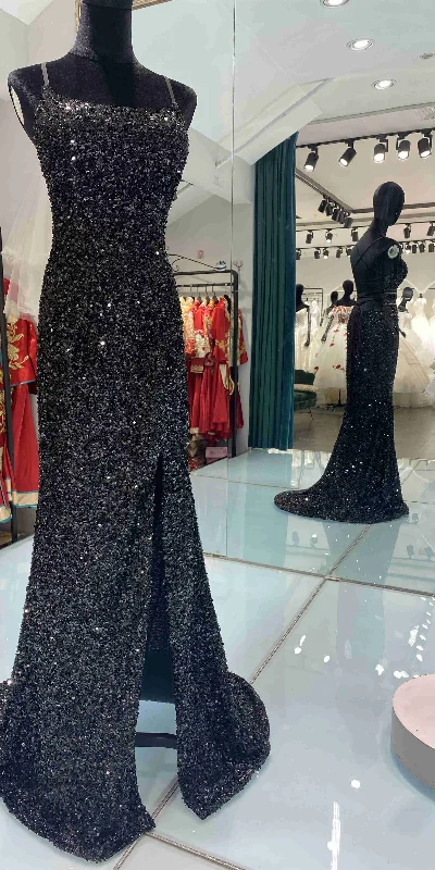 Glitter Mermaid Scoop Neck Black Sequins Long Prom Dresses with Cross Back Y1793