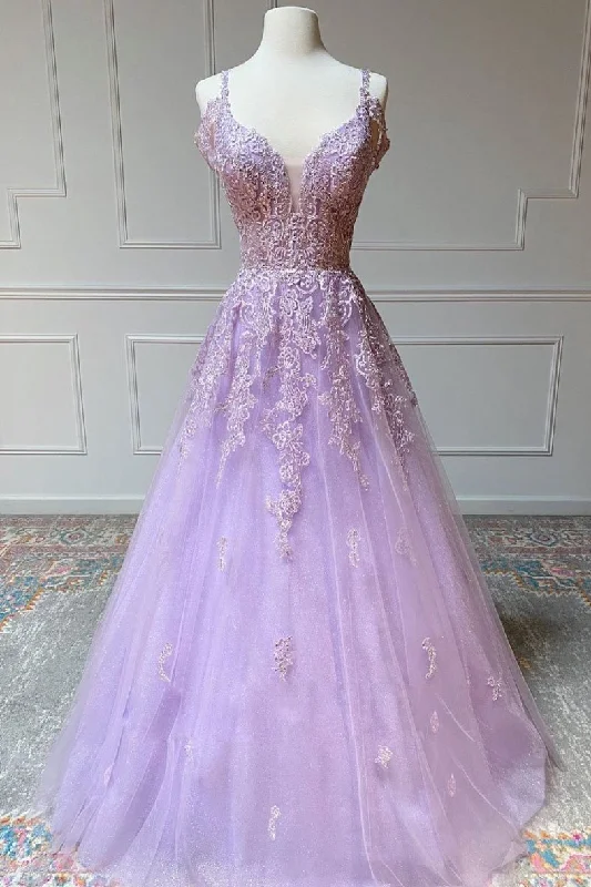 Purple v neck tulle lace long prom dress purple lace formal dress Y1801