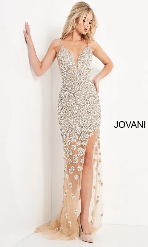 Jovani Long Nude Beaded Sheer Prom Dress 02492