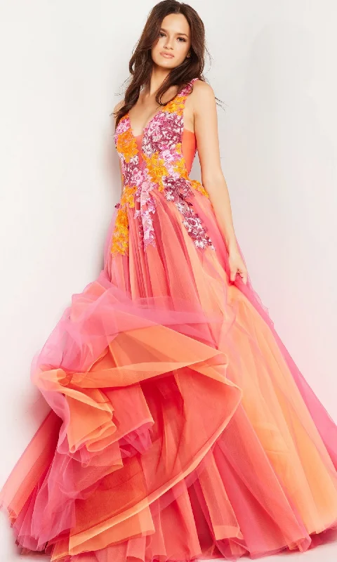Jovani V-Neck Long Orange Prom Ball Gown 25800