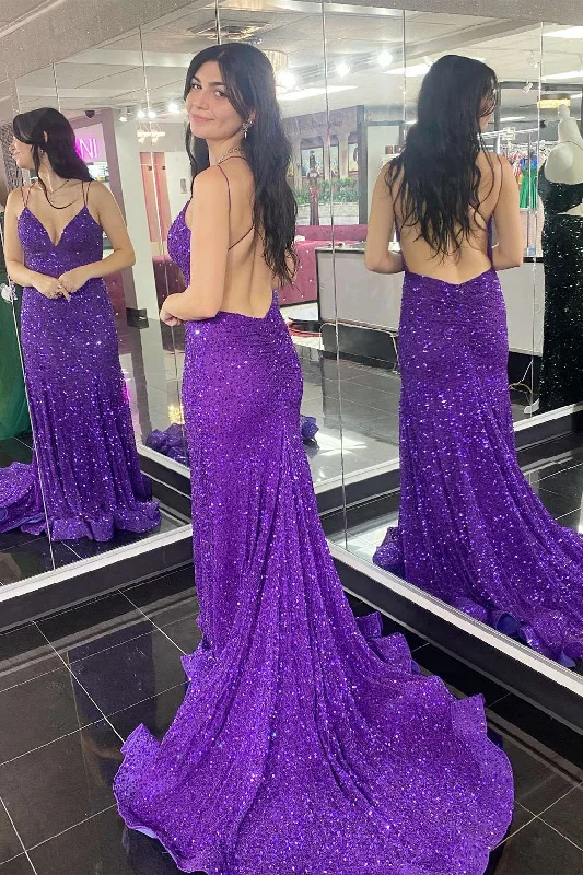 Purple Sequin V-Neck Open Back Mermaid Long Prom Dress Y1670