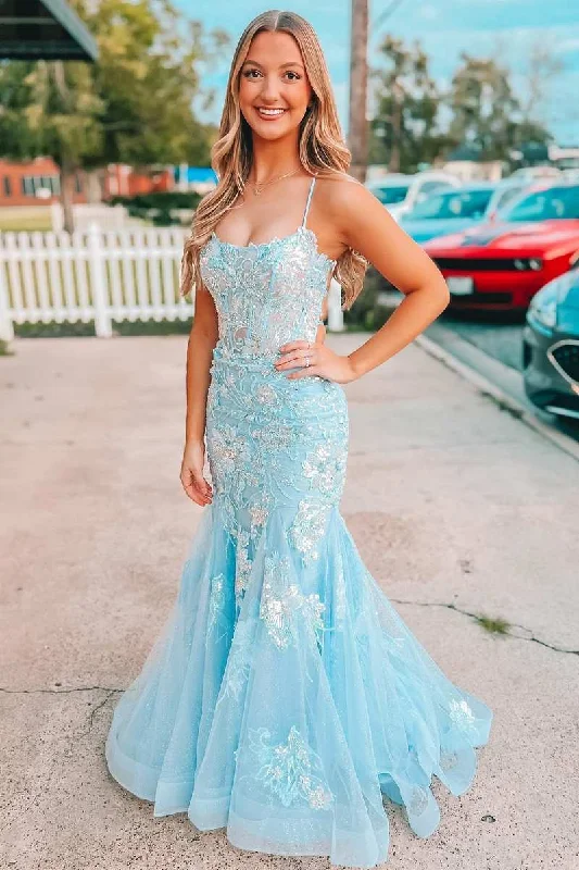 Light Blue Appliques Straps Lace-Up Mermaid Long Prom Dress Y1746