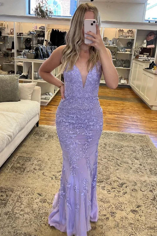 Lavender Appliques Plunge V Backless Mermaid Long Prom Dress Y1804