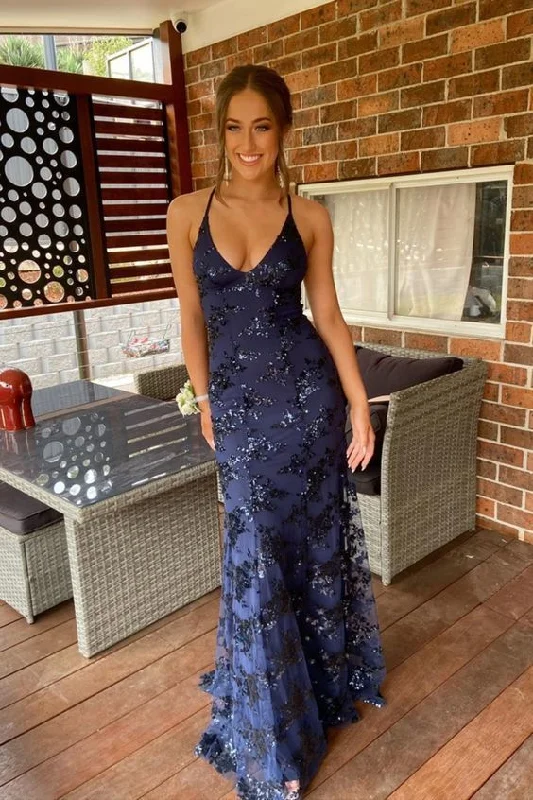 navy blue mermaid tulle and sequins long formal prom dress with v neckline and lace up back Y1563