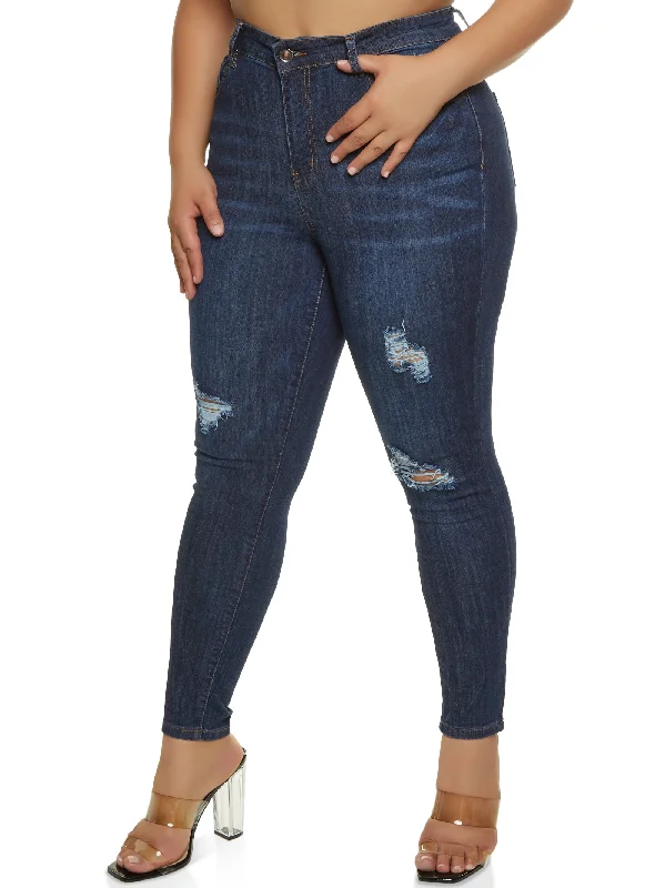 Trendy Men's JeansPlus Size WAX Distressed Whiskered High Waisted Skinny Jeans