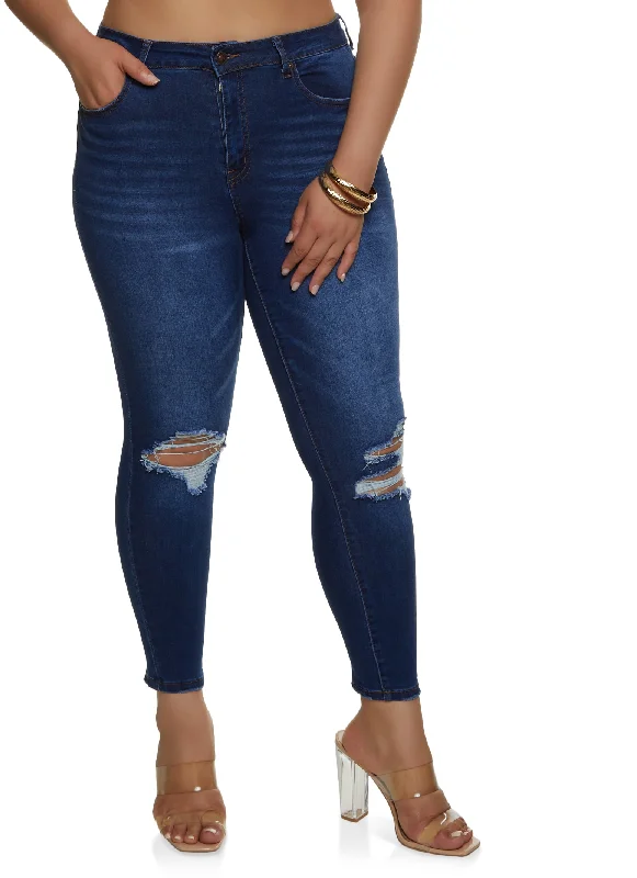 Wash and Wear Men's JeansPlus Size WAX Ripped Knee Distressed Jeans