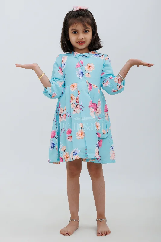 Blue Floral Print PolyBlend Party Frock for Girls