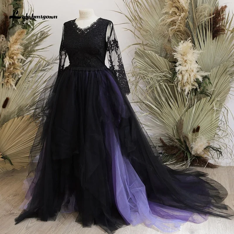 Roycebridal Lakshmigown Purple Black Gothic Wedding Dresses 2021 abito da sposa Sexy Slit Tulle Long Sleeve Bridal Gown vestido de novia Roycebridal Lakshmigown Purple Black Gothic Wedding Dresses 2021 abito da sposa Sexy Slit Tulle Long Sleeve Bridal Gown vestido de novia