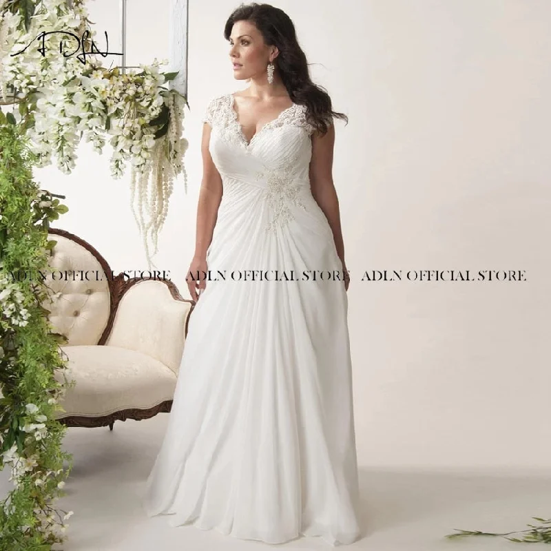 Roycebridal Elegant Plus Size Wedding Dresses V-neck Cap Sleeves Robe de Mariage Sweep Train Appliqued Open Back Chiffon Bridal Gown Roycebridal Elegant Plus Size Wedding Dresses V-neck Cap Sleeves Robe de Mariage Sweep Train Appliqued Open Back Chiffon Bridal Gown