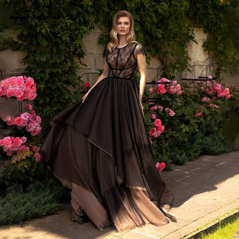 Roycebridal Lakshmigown Black Wedding Dresses 2021 Short Sleeve Elegant A-line Tulle Bridal Dress Lace Gothic Wedding Gowns robe de mariee Roycebridal Lakshmigown Black Wedding Dresses 2021 Short Sleeve Elegant A-line Tulle Bridal Dress Lace Gothic Wedding Gowns robe de mariee