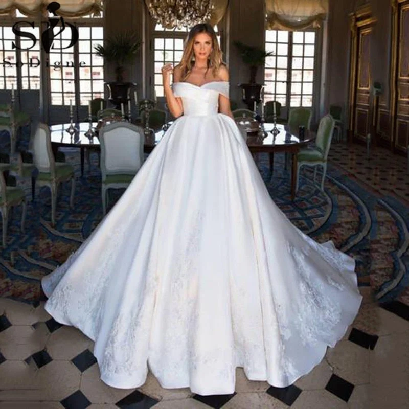 SoDigne Satin Ball Gown 2021 Simple Off The Shoulder Boho Lace Bridal Dress Princess Wedding Gowns Plus Size Long Tail SoDigne Satin Ball Gown 2021 Simple Off The Shoulder Boho Lace Bridal Dress Princess Wedding Gowns Plus Size Long Tail