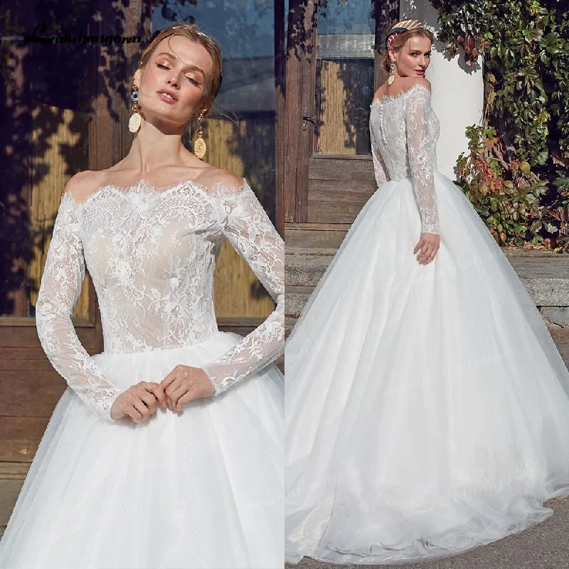 Roycebridal Vintage Beach Princess Wedding Dresses Long Sleeve Ball Gown Boat Neck Robe Mariee White Boho Bridal Gowns vestido de novia Roycebridal Vintage Beach Princess Wedding Dresses Long Sleeve Ball Gown Boat Neck Robe Mariee White Boho Bridal Gowns vestido de novia