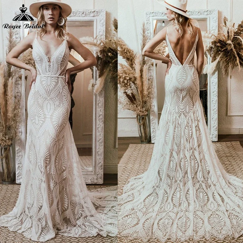 Bohemian Full Lace Mermaid Wedding Dress 2025 V Neck Spaghetti Straps Backless Beach Bridal Gowns Bohemian Full Lace Mermaid Wedding Dress 2025 V Neck Spaghetti Straps Backless Beach Bridal Gowns
