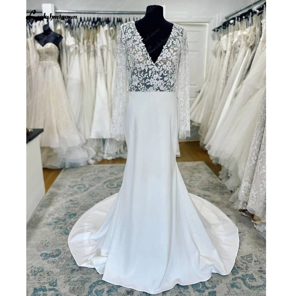 Roycebridal Long Sleeves Crepe Wedding Gowns 2025 Robe Boheme Lace Deep V Neck Appliques A Line Boho Bridal Dress Roycebridal Long Sleeves Crepe Wedding Gowns 2025 Robe Boheme Lace Deep V Neck Appliques A Line Boho Bridal Dress