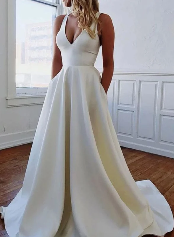 Women A-Line Wedding Dresses Long V-Neck Bridal Gowns YWD124