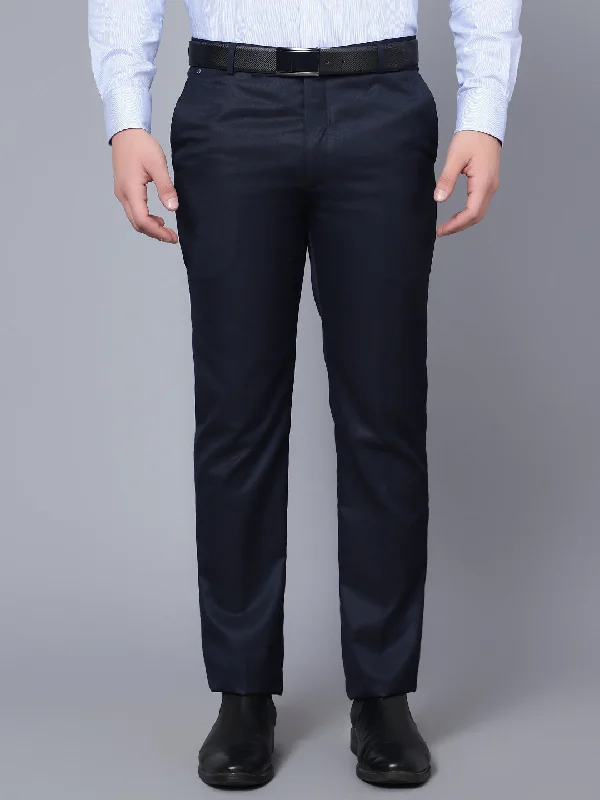 Men's Pants with Faux Leather PatchesMen's Formal Flat front Navy Blue  Trousers