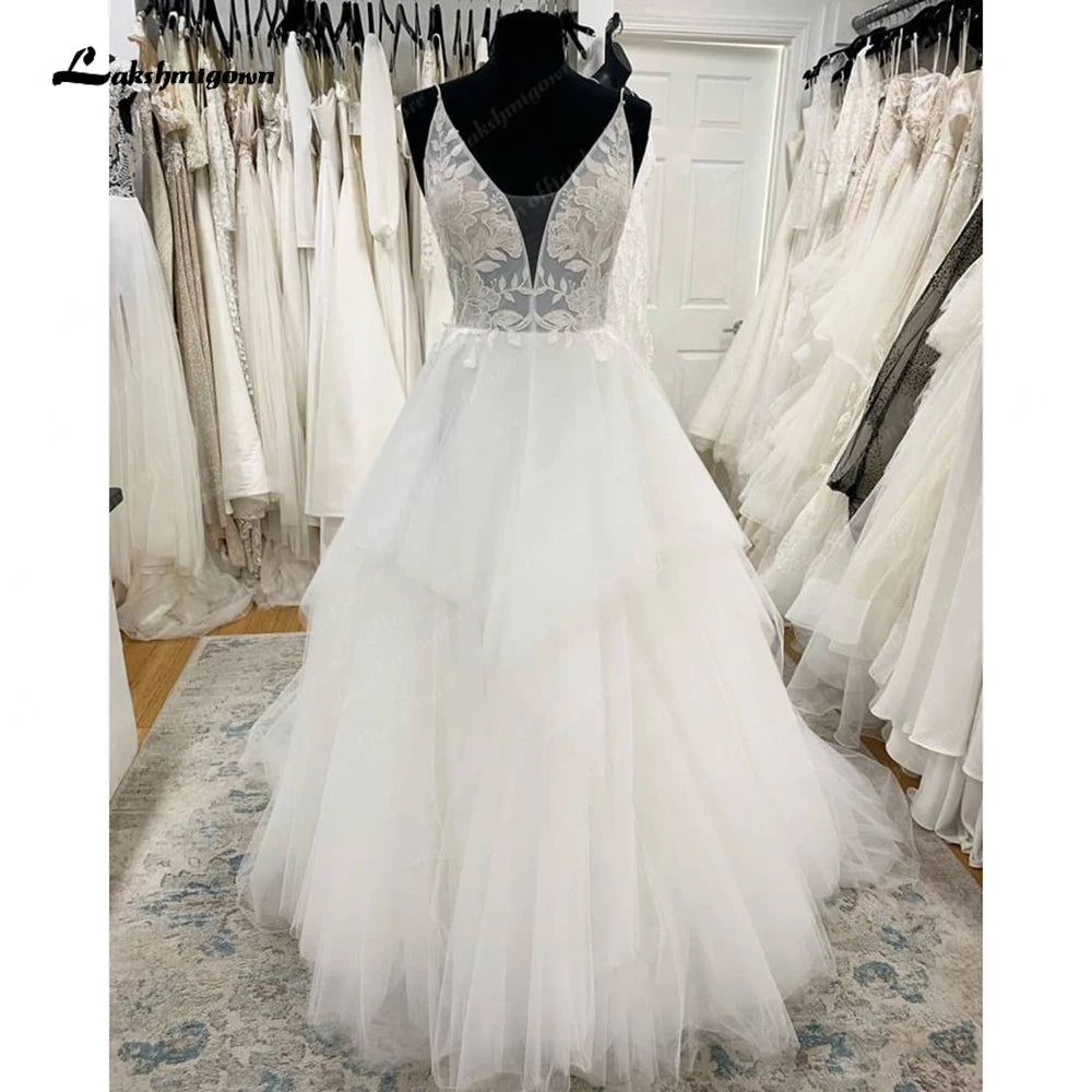 Roycebridal Spaghetti Straps Wedding Dress Tiered V-Neck Princess Bride Gown Tulle Backless Zipper Vestido De Noiva Roycebridal Spaghetti Straps Wedding Dress Tiered V-Neck Princess Bride Gown Tulle Backless Zipper Vestido De Noiva