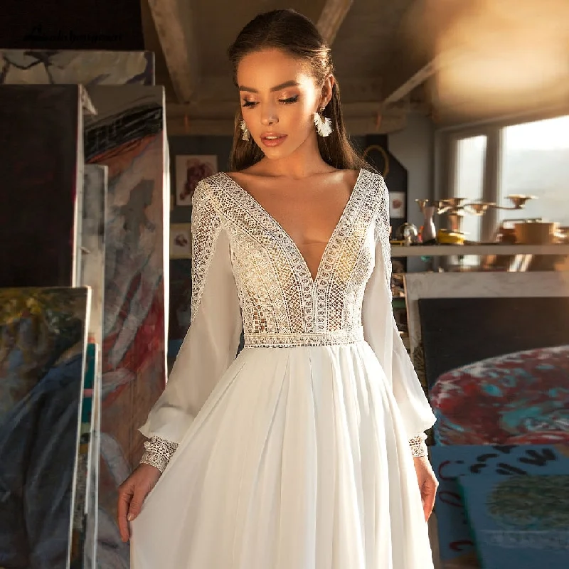 Roycebridal Lakshmigown Puffy Long Sleeve Dress Women Boho Wedding Dresses 2021 Vestido Sexy Bridal Wedding Gown V-Neck Backless Lace Bodice Roycebridal Lakshmigown Puffy Long Sleeve Dress Women Boho Wedding Dresses 2021 Vestido Sexy Bridal Wedding Gown V-Neck Backless Lace Bodice