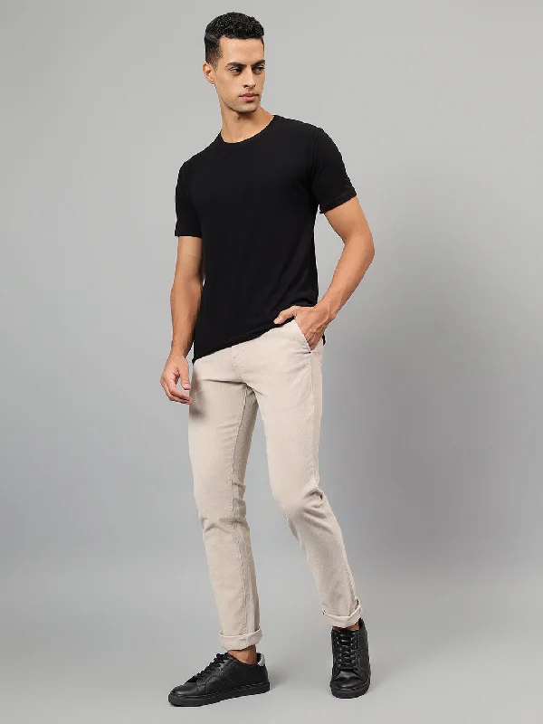 Men's Pants with Button-CuffsMen's Beige Self-Design Non-Pleated Casual Trouser