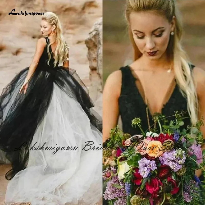 Roycebridal Gothic Women Black and White Wedding Dress 2021 Vestido de Novia Civil Bridal Tulle Wedding Gowns V neck Lace Appliques Roycebridal Gothic Women Black and White Wedding Dress 2021 Vestido de Novia Civil Bridal Tulle Wedding Gowns V neck Lace Appliques