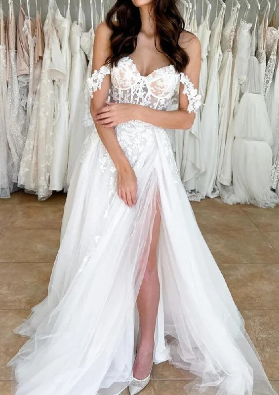 Women Lace Appliques Wedding Dresses Long Off Shoulder Side Slit Bridal Gowns YWD081 Women Lace Appliques Wedding Dresses Long Off Shoulder Side Slit Bridal Gowns YWD081