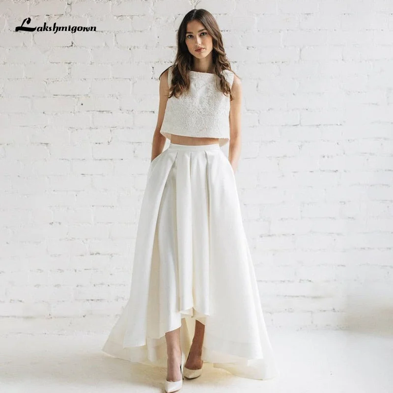 Roycebridal Lakshmigown High Low Wedding Dresses with Train Pleated Bridal Skirt With Pockets Two Pieces Modern Bride robe de mariee Roycebridal Lakshmigown High Low Wedding Dresses with Train Pleated Bridal Skirt With Pockets Two Pieces Modern Bride robe de mariee