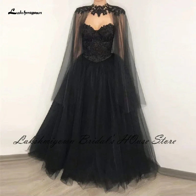 Roycebridal Lakshmigown Gothic Black Wedding Dress Corset Lace up Back 2022 Vestido Novia Civil Bridal Wedding Gown with Cape Floor Length Roycebridal Lakshmigown Gothic Black Wedding Dress Corset Lace up Back 2022 Vestido Novia Civil Bridal Wedding Gown with Cape Floor Length