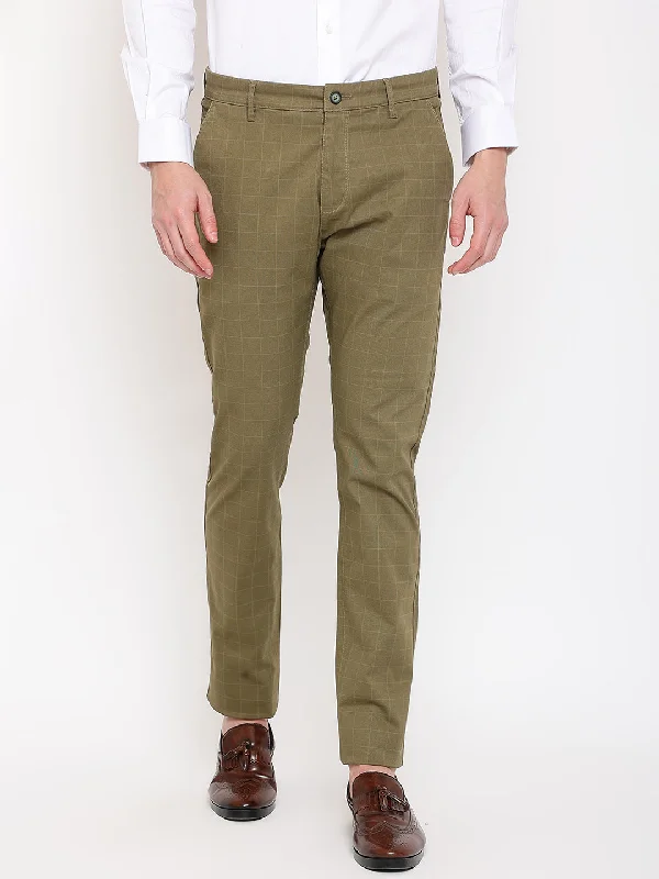 Men's Relaxed-Fit Pants for ComfortMen's Casual Flat front Olive Green Checks Trousers