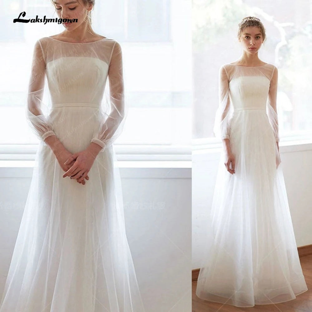 Roycebridal Simple A-line Long Sleeves Wedding Dress Minimalistic Mesh Straight-cross Illusion Sheer Lace Gown Roycebridal Simple A-line Long Sleeves Wedding Dress Minimalistic Mesh Straight-cross Illusion Sheer Lace Gown