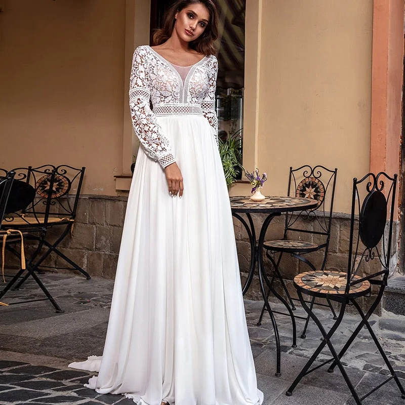 Roycebridal Bohemian Lace Long Sleeve Wedding Dresses Chiffon Sweep Train Vintage Scoop Neck Bridal Gowns Pearls Beach Bridal Gown Roycebridal Bohemian Lace Long Sleeve Wedding Dresses Chiffon Sweep Train Vintage Scoop Neck Bridal Gowns Pearls Beach Bridal Gown