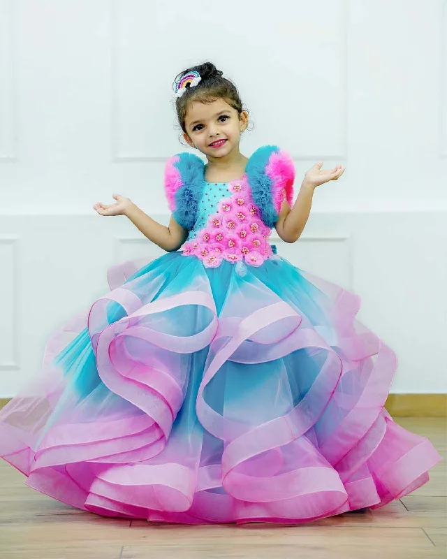 Pre-order: Pool party- pale turquoise with light pink Color Gradient Swirled Gown