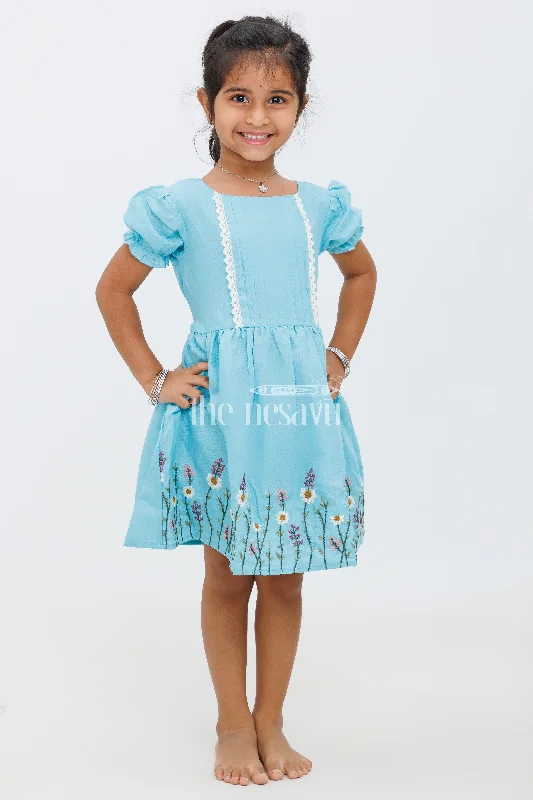 Girls Blue Pintuck Frock with Floral Embroidery and Lace Trim - Party Dress