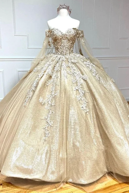 Stunning Cape Sleeves Gold Sweetheart Ball Gown