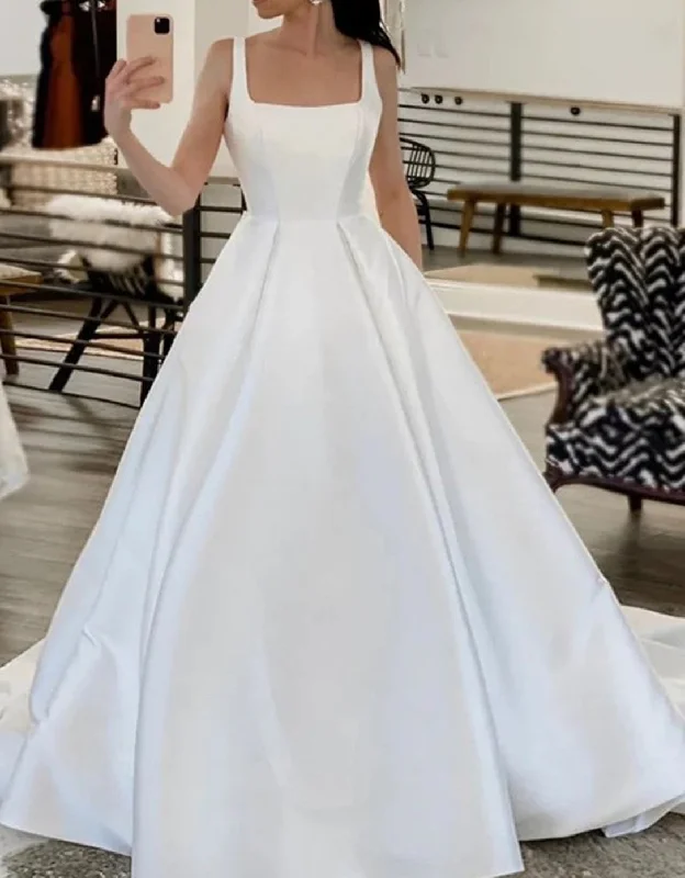 Women A-Line Satin Wedding Dresses Long Sleeveless Bridal Gowns YWD145