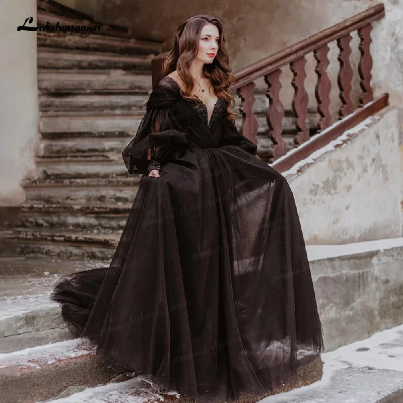 Roycebridal Fantasy Black Wedding Dresses with Long Sleeves Winter Solstice Elopement Gothic Bridal Gown for Halloween Witchy Vestido Novia Roycebridal Fantasy Black Wedding Dresses with Long Sleeves Winter Solstice Elopement Gothic Bridal Gown for Halloween Witchy Vestido Novia