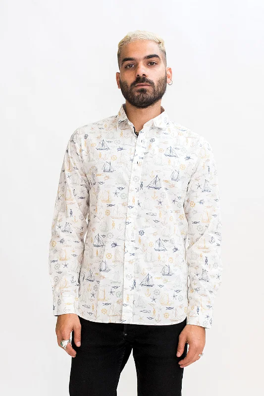 Men's Insulated Shirts for Cold WeatherThe Classic Slim Cut Shirt in White Boat Print Men's Insulated Shirts for Cold WeatherThe Classic Slim Cut Shirt in White Boat Print
