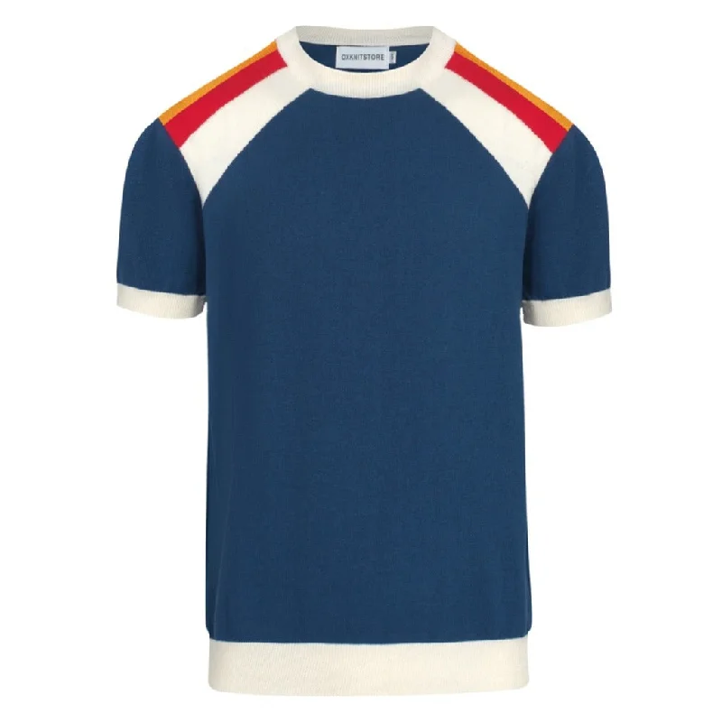 Durable Men's Work ShirtsMen's Blue Knitted T-shirt With Three-Color Diagonal Stripes