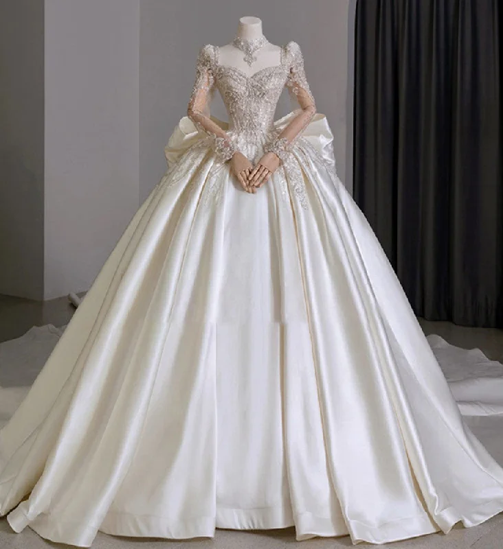 Women Long Sleeves Satin Wedding Dresses Long Train Sparkly Sequins Bridal Gowns YWD002 Women Long Sleeves Satin Wedding Dresses Long Train Sparkly Sequins Bridal Gowns YWD002