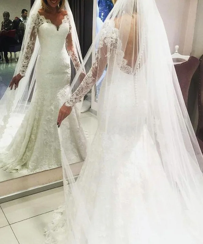 Women Sheath V-neck Wedding Dresses Long Lace Appliques Bridal Gowns YWD136