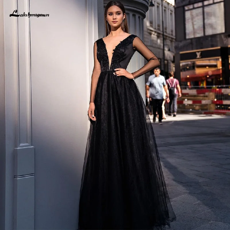 Lakshmigown Black Gothic Dress Bidal Wedding Abendkleider 2021 A Line Plunging Women Dinner Party Gowns Lace Appliques Beaded Lakshmigown Black Gothic Dress Bidal Wedding Abendkleider 2021 A Line Plunging Women Dinner Party Gowns Lace Appliques Beaded