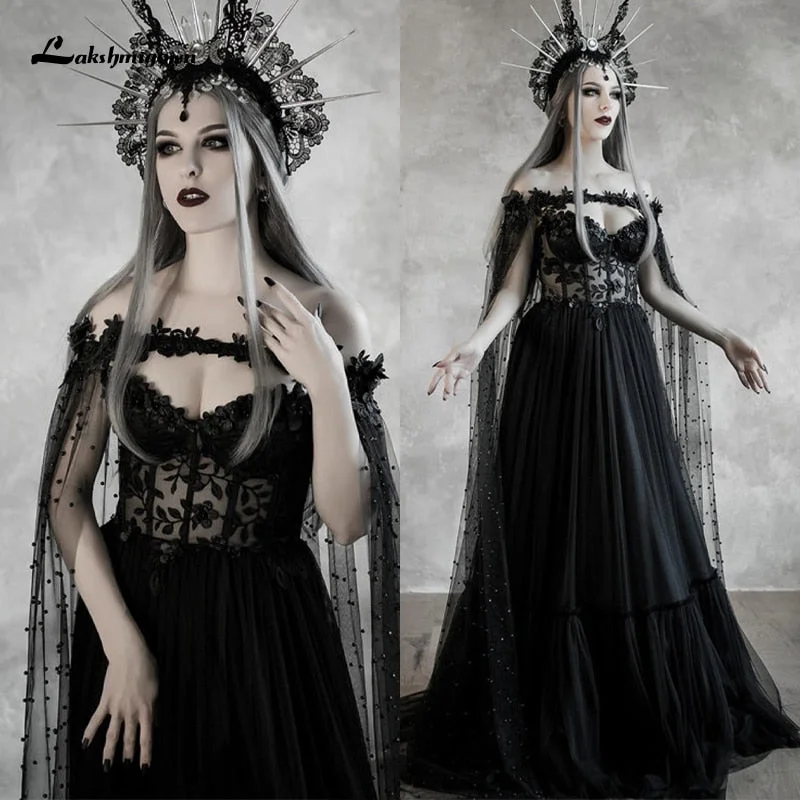 Roycebridal Lakshmigow Dark Fairytale Gothic Black Wedding Dresses with Cupped Corset Bodice Fantasy Bridal Gown Halloween Wedding Cloak Roycebridal Lakshmigow Dark Fairytale Gothic Black Wedding Dresses with Cupped Corset Bodice Fantasy Bridal Gown Halloween Wedding Cloak