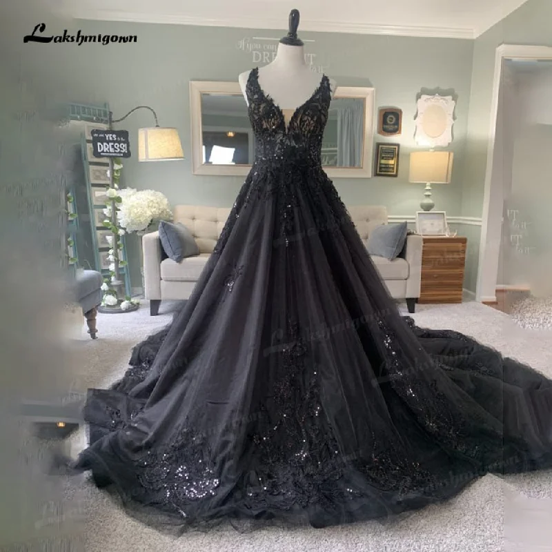 Roycebridal Gorgeous Black Wedding Dress with V neckline Sequins Lace Gothic Wedding Gown Custom Made robe de mariee noire gothique 2024 Roycebridal Gorgeous Black Wedding Dress with V neckline Sequins Lace Gothic Wedding Gown Custom Made robe de mariee noire gothique 2024