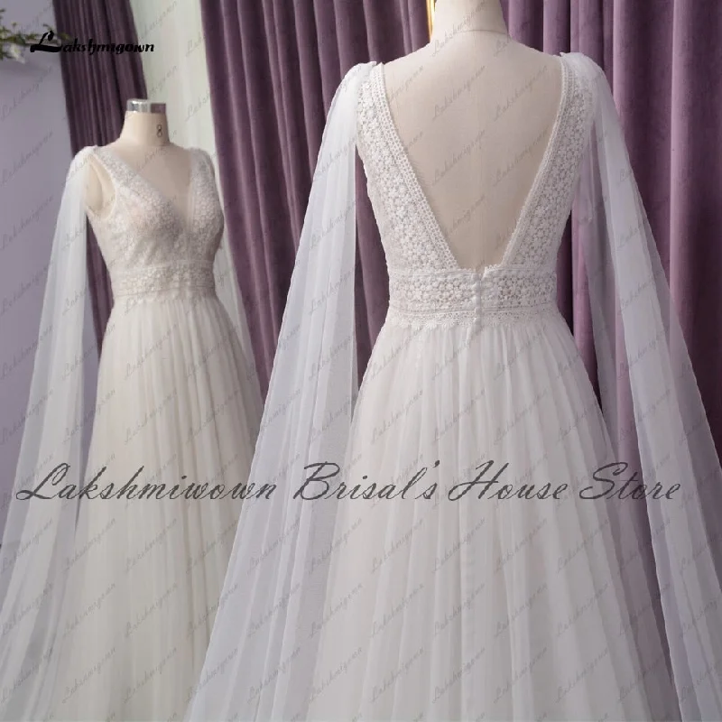 Roycebridal Lakshmigown Sexy V-neck Beach Dress Summer Wedding 2021 Chic Birdal Robe Boho A Line Wedding Dresses with Cape Sleeveless Roycebridal Lakshmigown Sexy V-neck Beach Dress Summer Wedding 2021 Chic Birdal Robe Boho A Line Wedding Dresses with Cape Sleeveless
