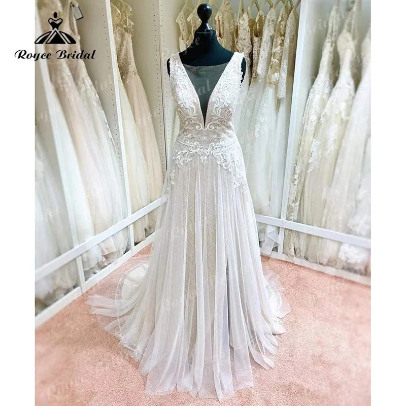 Roycebridal Blush Pink Wedding Dress Tank V Neck Lace Applique Sleeveless Split Side Shiny Wedding Gowns vestido de novia de tul Bridal Gown Roycebridal Blush Pink Wedding Dress Tank V Neck Lace Applique Sleeveless Split Side Shiny Wedding Gowns vestido de novia de tul Bridal Gown