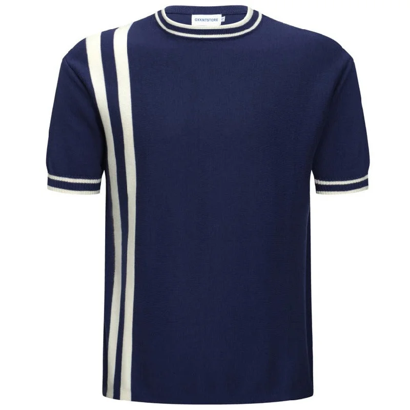 Striped Men's TopsMen's Navy Knitted T-Shirt With Double White Racing Stripe